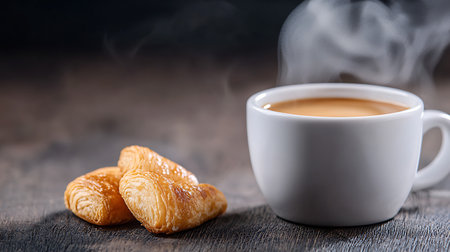 Cup of coffee and two croissants on a wooden tableの写真素材