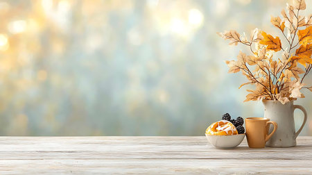 Cup of coffee with whipped cream and berries on wooden table against blurred background