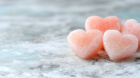 Pink heart-shaped candies on a marble background. Selective focusの写真素材