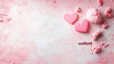 Valentine's day background with pink hearts and marshmallow on pink backgroundの写真素材