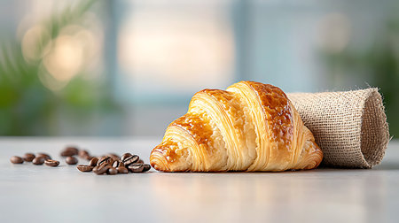 Coffee beans and croissant on table, closeupの写真素材