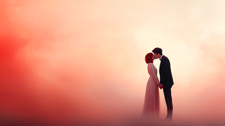 Wedding couple kissing in the fog at sunset. Wedding concept