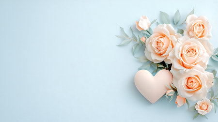Flowers and heart on blue background. Flat lay, top view.の写真素材