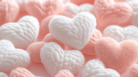 White and pink heart-shaped candy on pink background. Valentine's day concept.