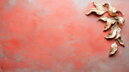 Golden floral ornament on a red background. Place for your text.の写真素材