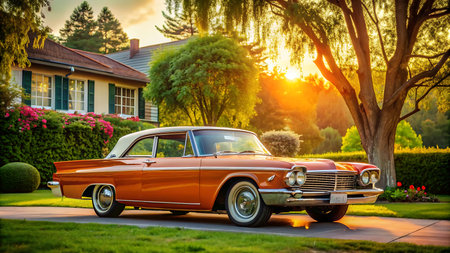 Classic american old car in the garden at sunset, retro car