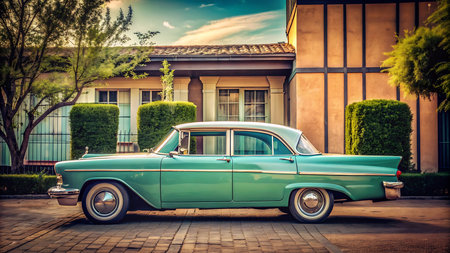 Vintage american car parked in front of a house, retro tonedの写真素材