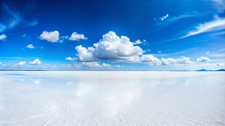 Beautiful white clouds and blue sky reflected in salt lake at sunny dayの写真素材