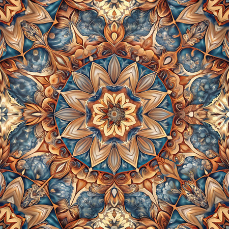 Seamless pattern with mandala ornament in blue colors. Computer generated graphics.の写真素材