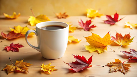 Cup of coffee and autumn leaves on wooden table, closeup