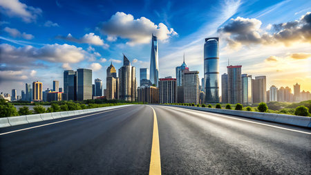 Asphalt highway and modern city skyline with buildings in China.の写真素材