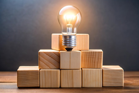 light bulb on wood block stacking as step stair, business idea conceptの写真素材