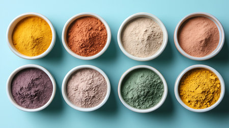 Colorful powders in bowls on blue background, top viewの写真素材