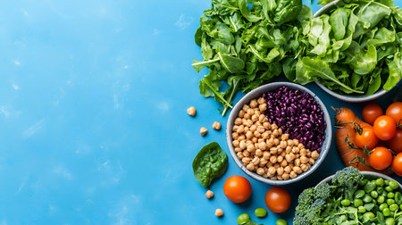 Healthy food background. Chickpeas, tomatoes, green peas, spinach, arugula on blue background.の写真素材