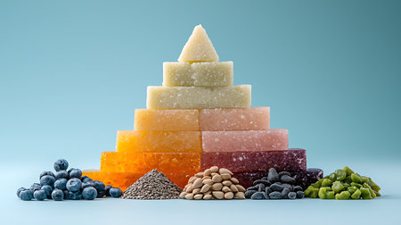 Fruit and vegetable soap pyramid made of fruits and berries on blue background