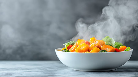 Bowl with tasty pumpkin salad and smoke on table, closeupの写真素材