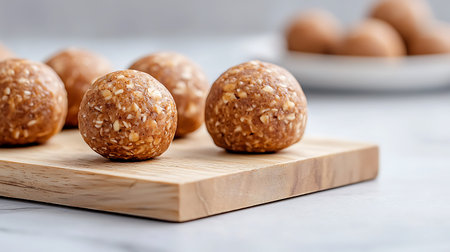 Raw energy balls with sesame seeds on wooden board, selective focus