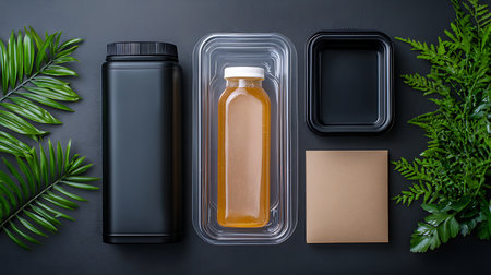 Top view of bottle of fresh juice on black background, flat layの写真素材