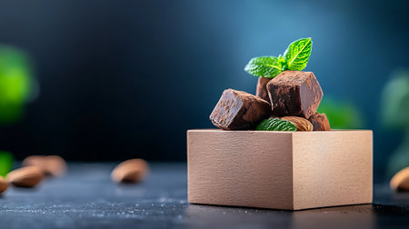 Chocolate candies with mint leaves and almonds on a black backgroundの写真素材