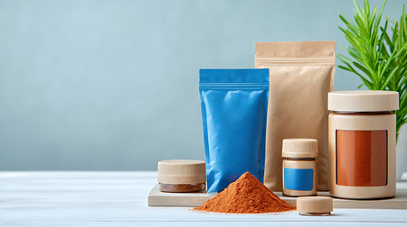 Coffee, powder, and bags on white wooden tableの写真素材