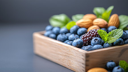 blueberries, blackberries and almonds in a wooden bowlの写真素材