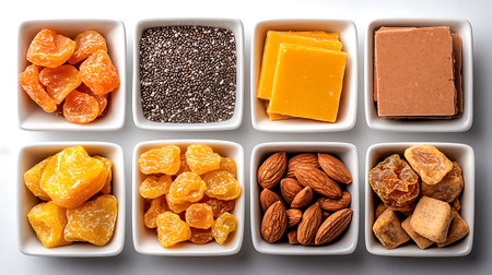 Dried fruits and nuts in bowl on white background, top viewの写真素材