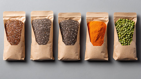 Different kinds of seeds in paper bags on grey background, top viewの写真素材