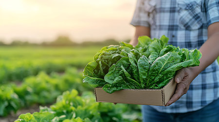 Farmer holding a box of fresh lettuce in the vegetable garden.の写真素材