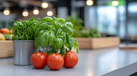 Tomatoes and basil in a pot on the counter in the kitchenの写真素材