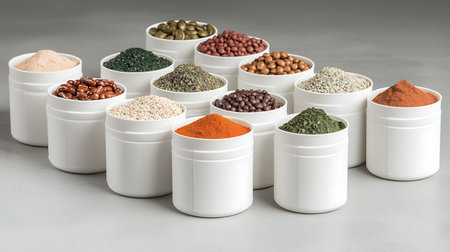 Spices and herbs in white containers on gray background. Food and cuisine ingredients.