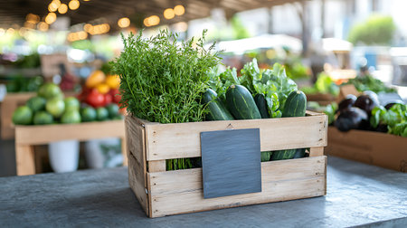 Fresh organic vegetables in wooden box on table in market, closeupの写真素材