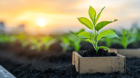 Green seedling in peat pots with soil and sunrise background.の写真素材