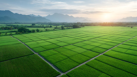 Aerial view of paddy field in the morning, Thailand.
