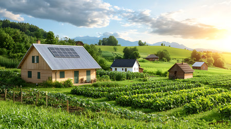 Solar panels on the roof of a wooden house in a rural landscape.の写真素材