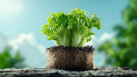 Fresh green lettuce growing in soil with blurred nature background, healthy food conceptの写真素材