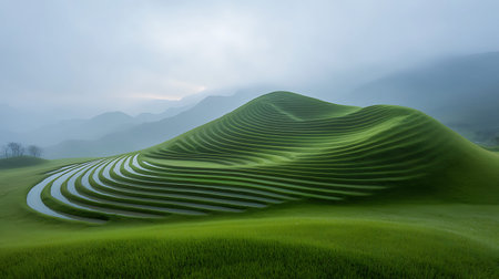 3D rendering of a green rice field in the middle of the mountains