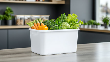Fresh vegetables in a white box on a wooden table in the kitchenの写真素材