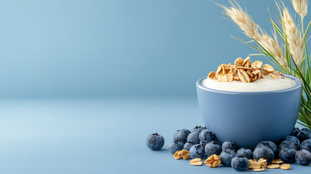 Healthy breakfast with yogurt, blueberries and cereals on blue backgroundの写真素材