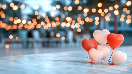 Red and white heart balloons on a wooden floor with bokeh backgroundの写真素材