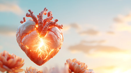 Human heart on flower background. 3d rendering and 3d illustration.の写真素材