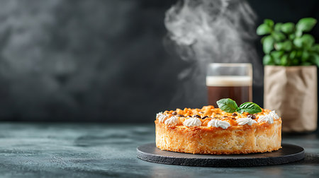 Tasty cake with cream and mint on table, space for textの写真素材