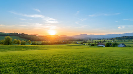 Sunset over a meadow in Bavaria, Germany. Beautiful summer landscape.の写真素材