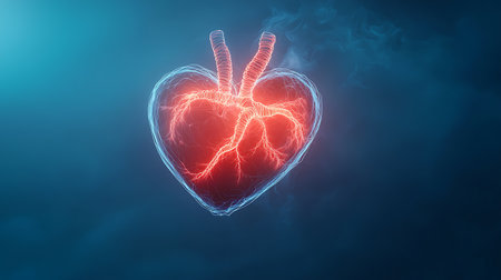 Human heart on dark blue background. 3d rendering toned imageの写真素材