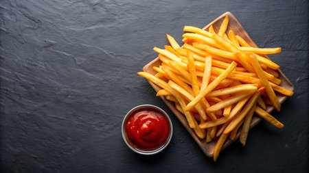 Golden French fries potatoes with ketchup on dark background, top view