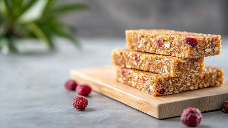Cereal bars with flax seeds and raspberries on wooden boardの写真素材