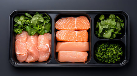 Salmon, salmon and spinach in plastic containers on black background.