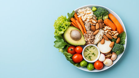 Healthy balanced lunch bowl with oatmeal, vegetables, fruits and nuts on blue background