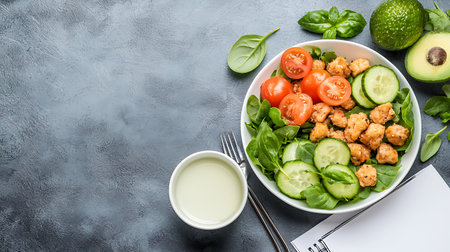 Salad with chicken, avocado, cucumber, tomatoes and spinach. Healthy food conceptの写真素材