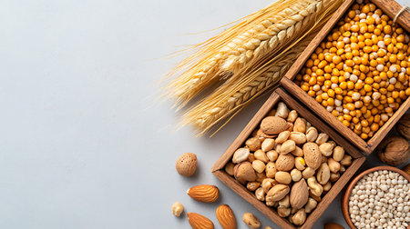 Healthy eating concept. Assortment of legumes and nuts in wooden box on gray background.