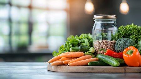 Healthy food ingredients on wooden table in kitchen background. Diet concept.の写真素材